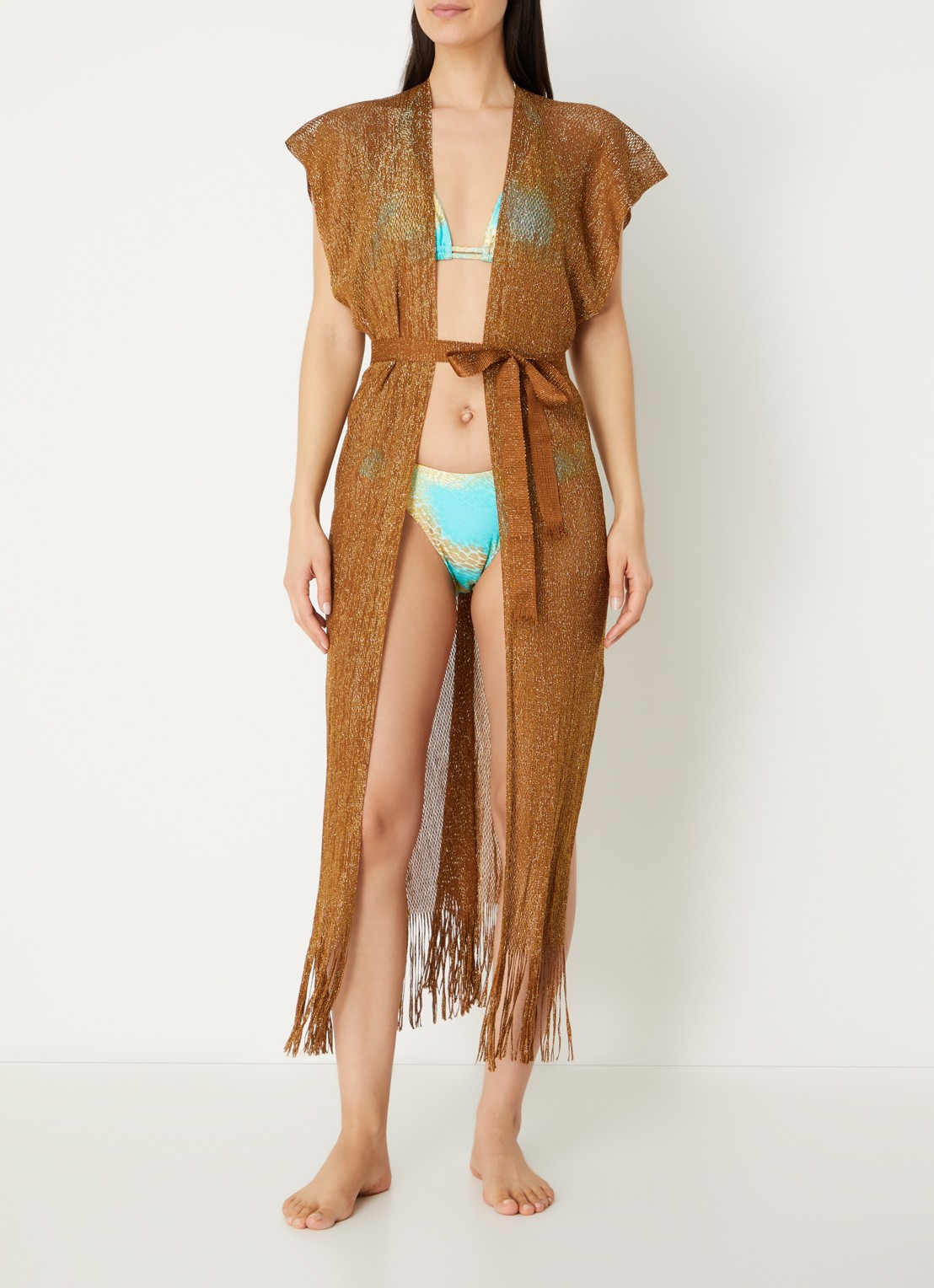 Luli Fama Kaftan met ceintuur en lurex - detail 4 goud