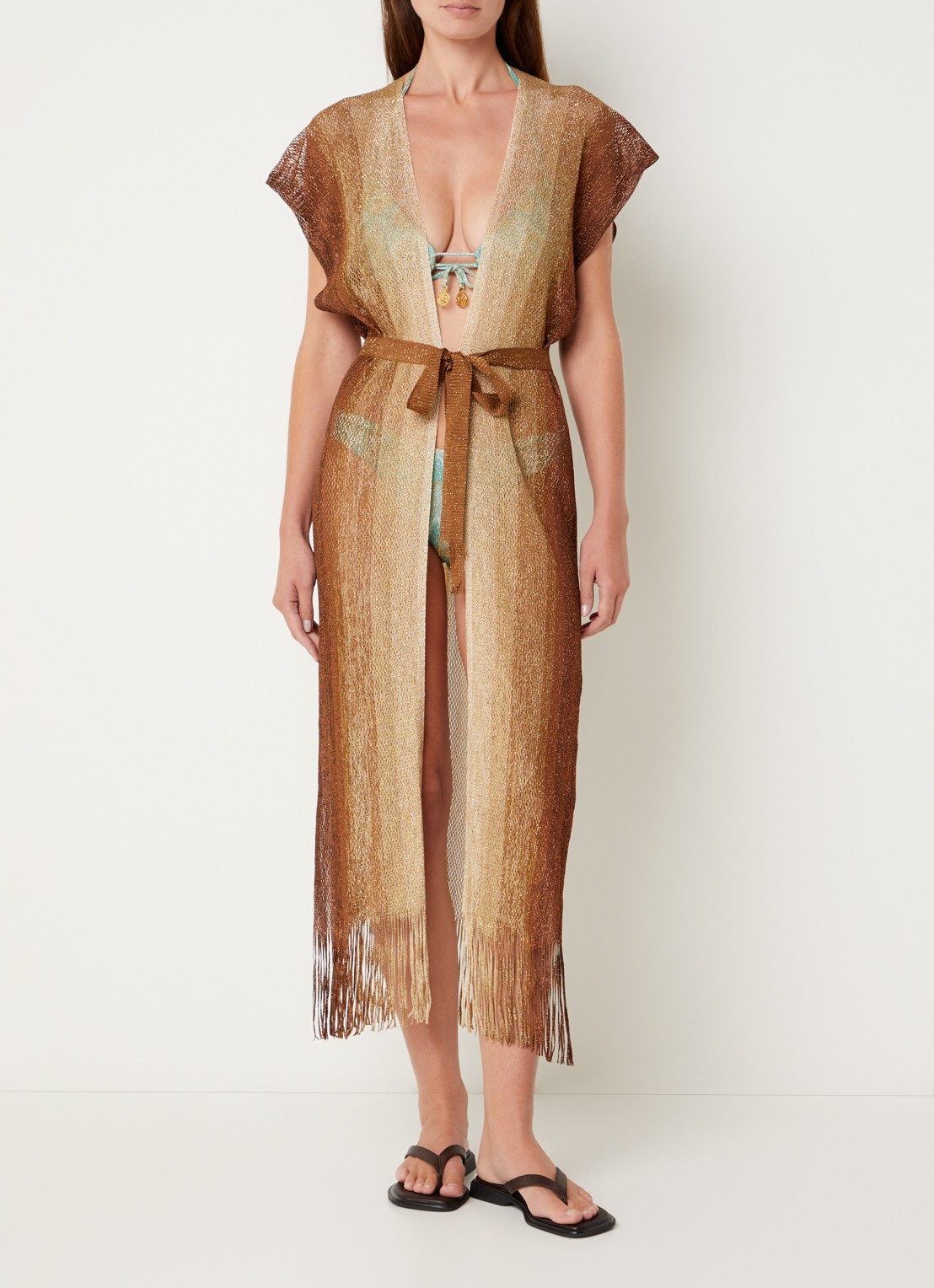 Luli Fama Strandjurk met strikceintuur en opengewerkt dessin - detail 2 beige