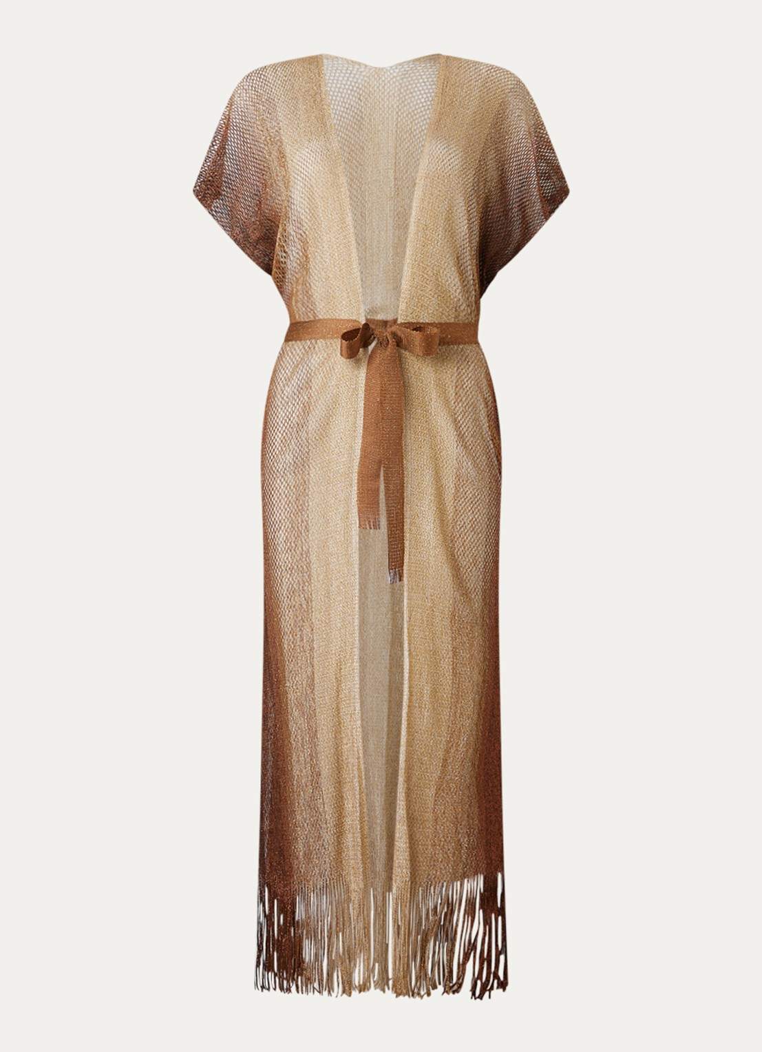 Luli Fama Strandjurk met strikceintuur en opengewerkt dessin - voorkant 3 beige