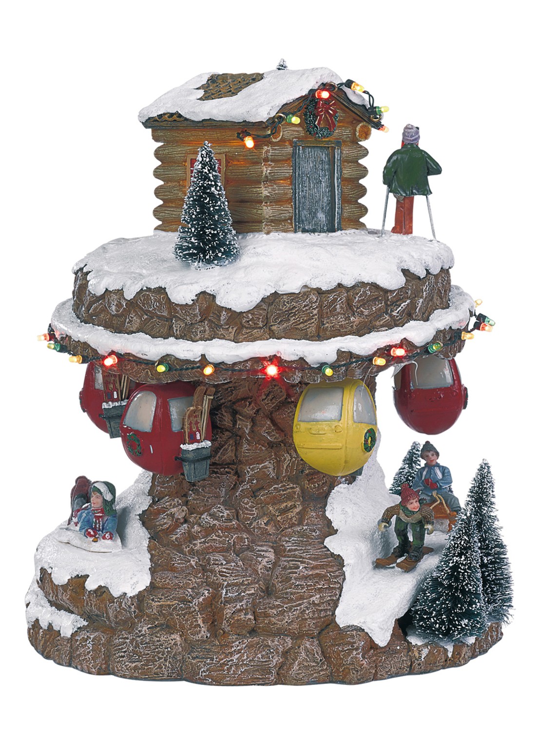 Luville Collectables Kabelbaan op een berg kerstdorp met verlichting 28 cm - voorkant bruin