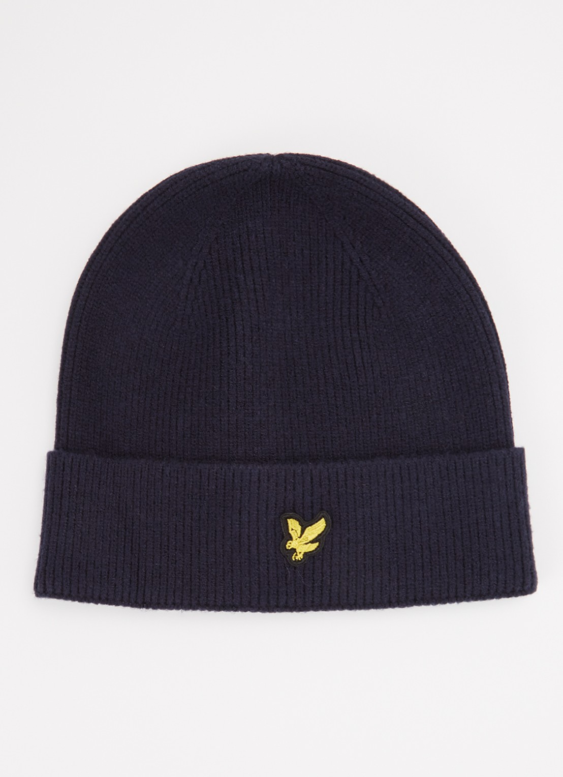 Lyle & Scott Fijngebreide muts met logo - voorkant donkerblauw