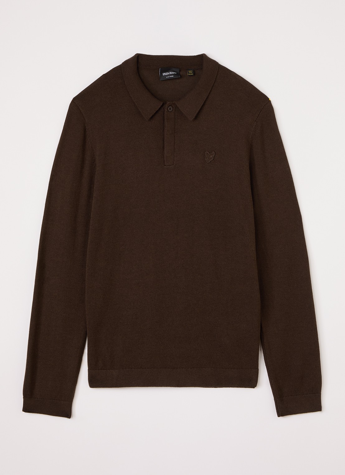 Lyle & Scott Fijngebreide polo met logo - voorkant donkerbruin