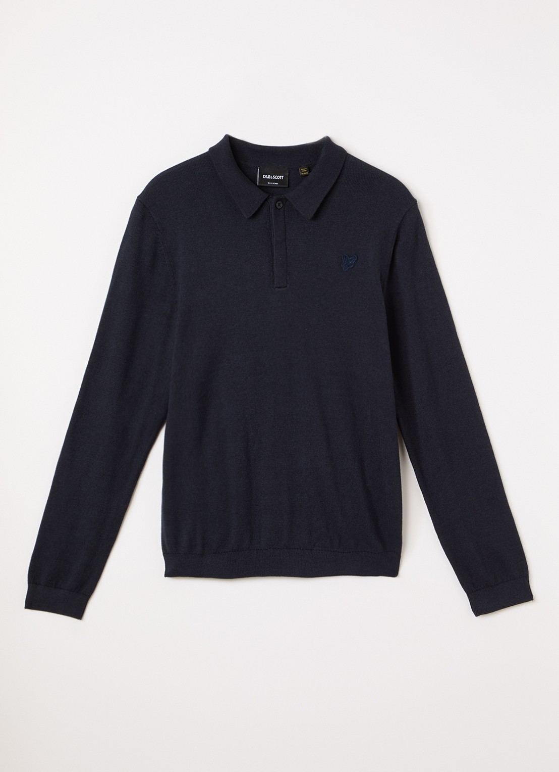 Lyle & Scott Fijngebreide polo met logo - voorkant donkerblauw