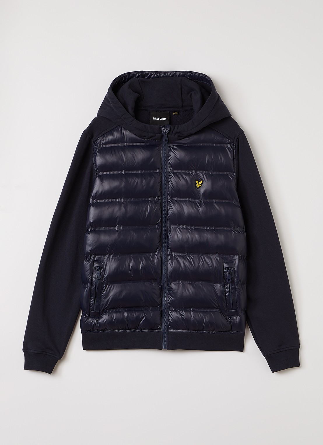 Lyle & Scott Hybrid gewatteerde vest met logo  - voorkant 2 donkerblauw