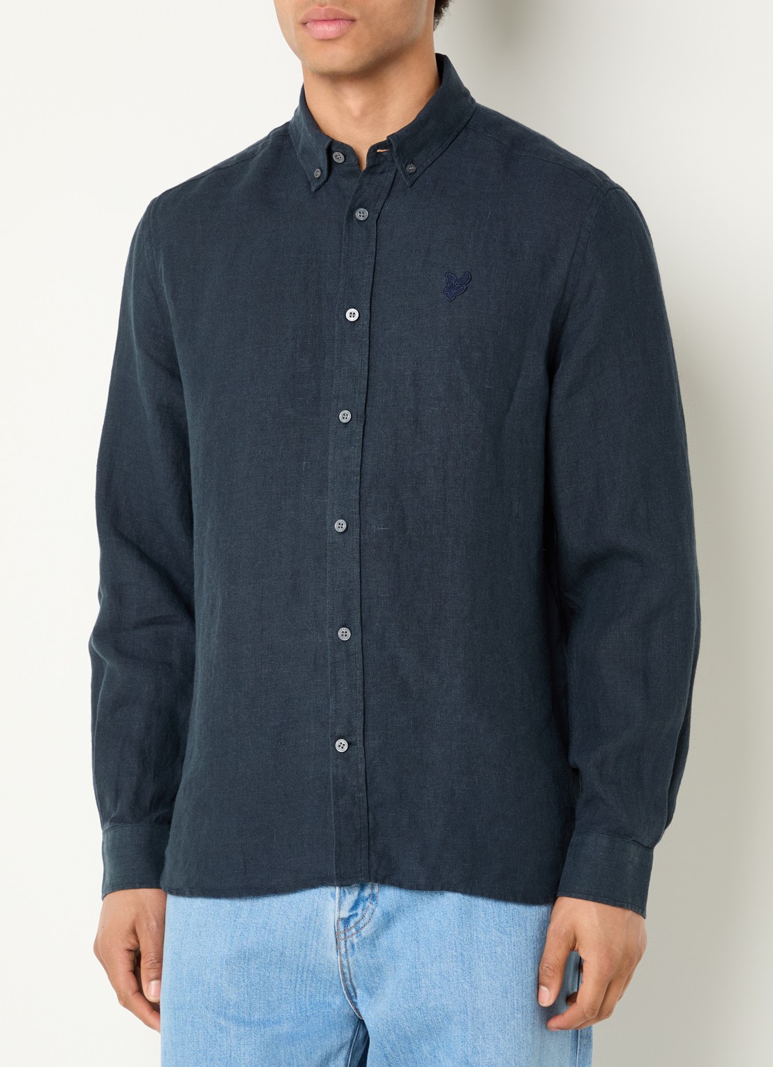 Lyle & Scott Regular fit overhemd in linnenblend met logo - detail 2 donkerblauw
