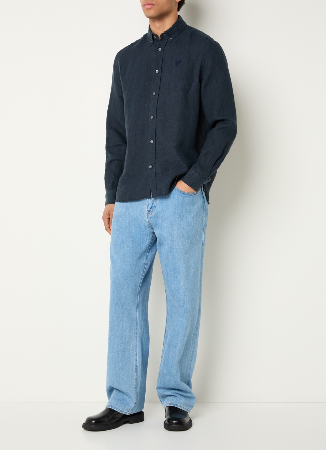 Lyle & Scott Regular fit overhemd in linnenblend met logo - voorkant 4 donkerblauw
