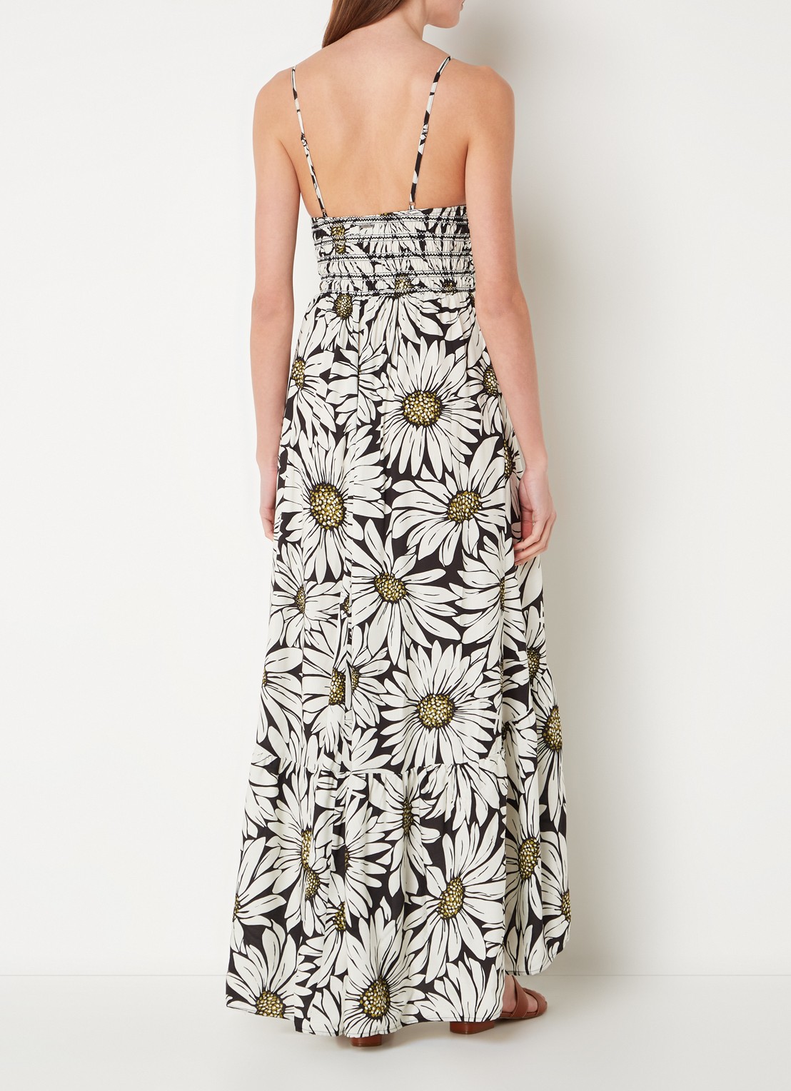 MAAJI Lia maxi strandjurk met bloemenprint en smockwerk - achterkant zwart