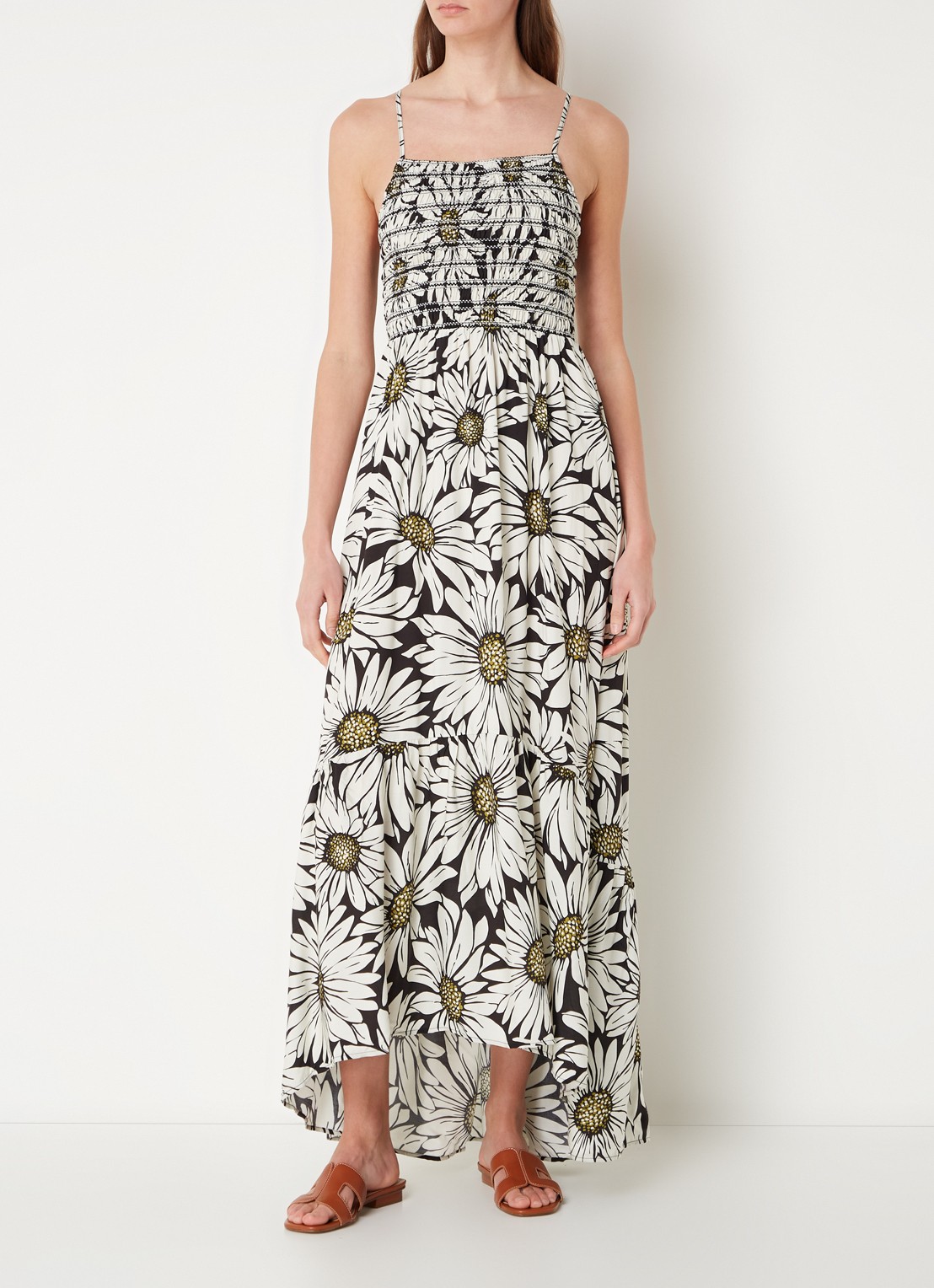 MAAJI Lia maxi strandjurk met bloemenprint en smockwerk - detail 2 zwart