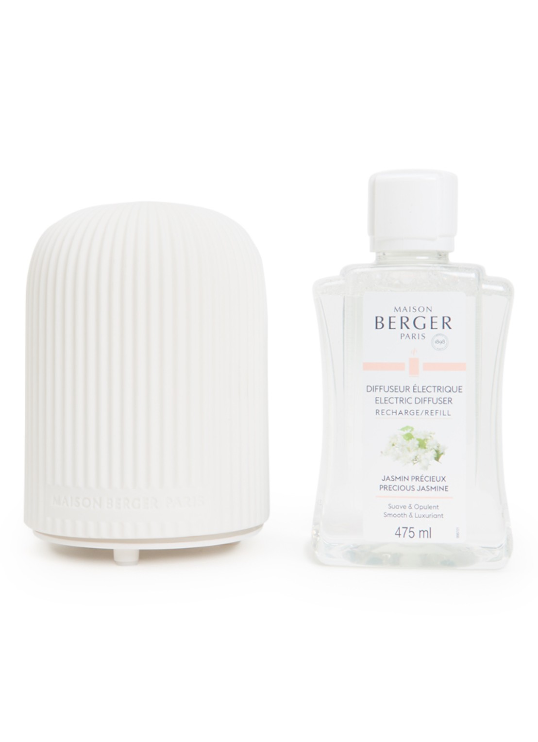 Maison Berger Dôme elektrische parfumdiffuser met Precious Jasmine navulling 475 ml - voorkant gebroken wit