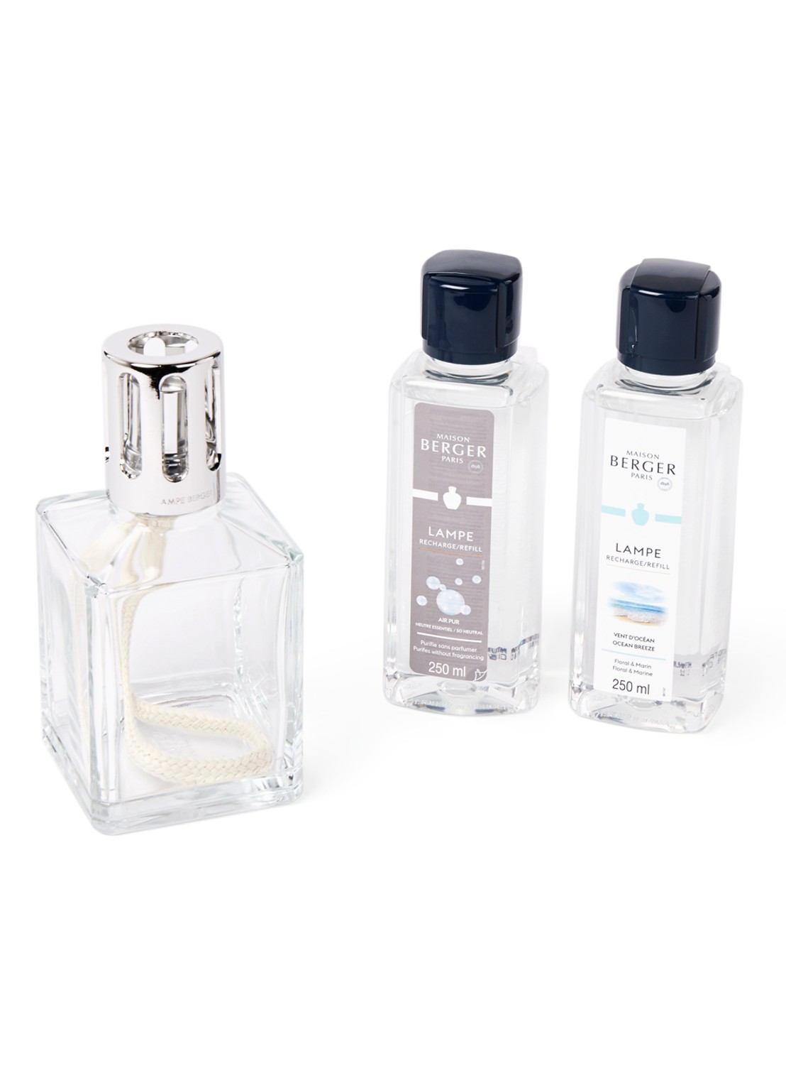 Maison Berger Essentielle Carrée geurbrander met navullingen 2 x 250 ml in giftset - voorkant transparant