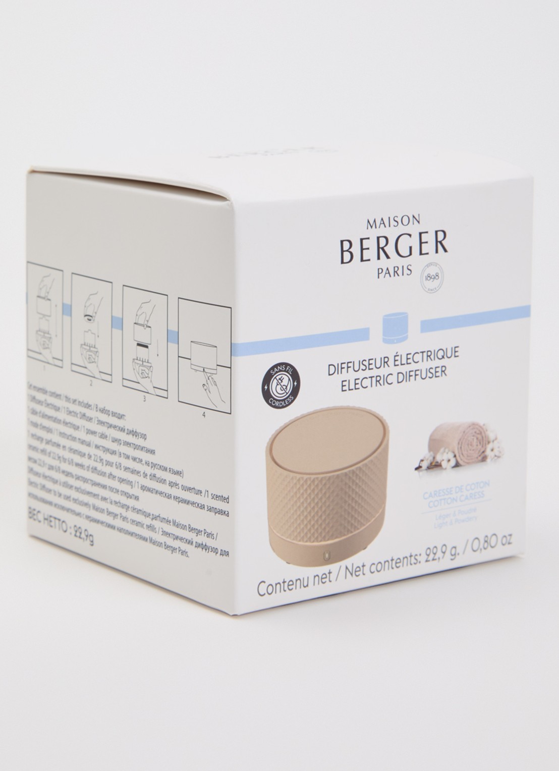 Maison Berger Nomad elektrische parfumdiffuser met Cotton Caress navulling - voorkant 2 donkerbeige