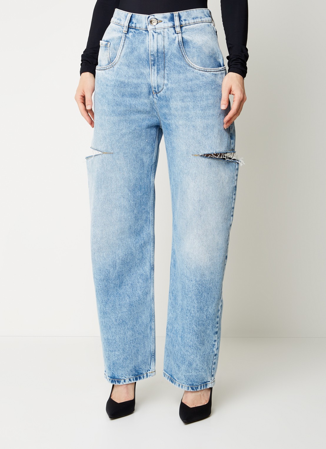 Maison Margiela High waist wide leg jeans met ripped details - detail 3 indigo