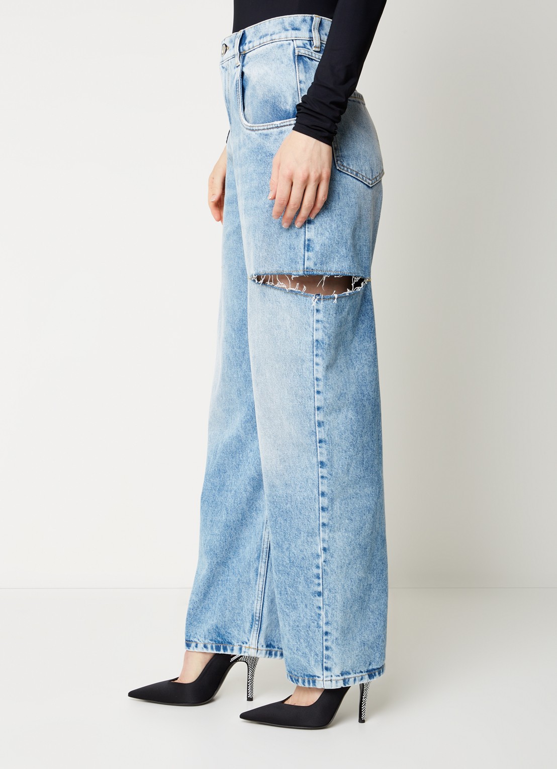 Maison Margiela High waist wide leg jeans met ripped details - detail 4 indigo