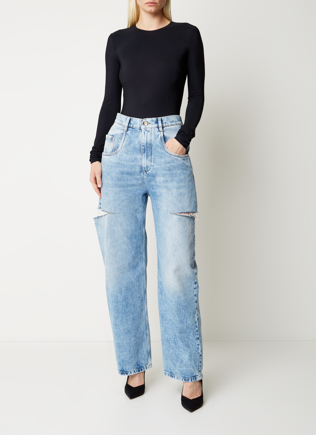 Maison Margiela High waist wide leg jeans met ripped details - voorkant 2 indigo