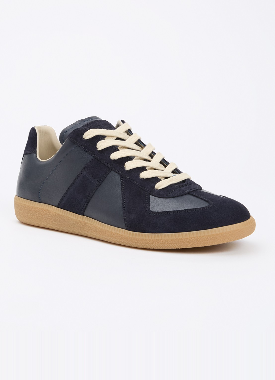 Maison Margiela Replica sneaker van kalfsleer met kalfssuède details - voorkant 4 donkerblauw