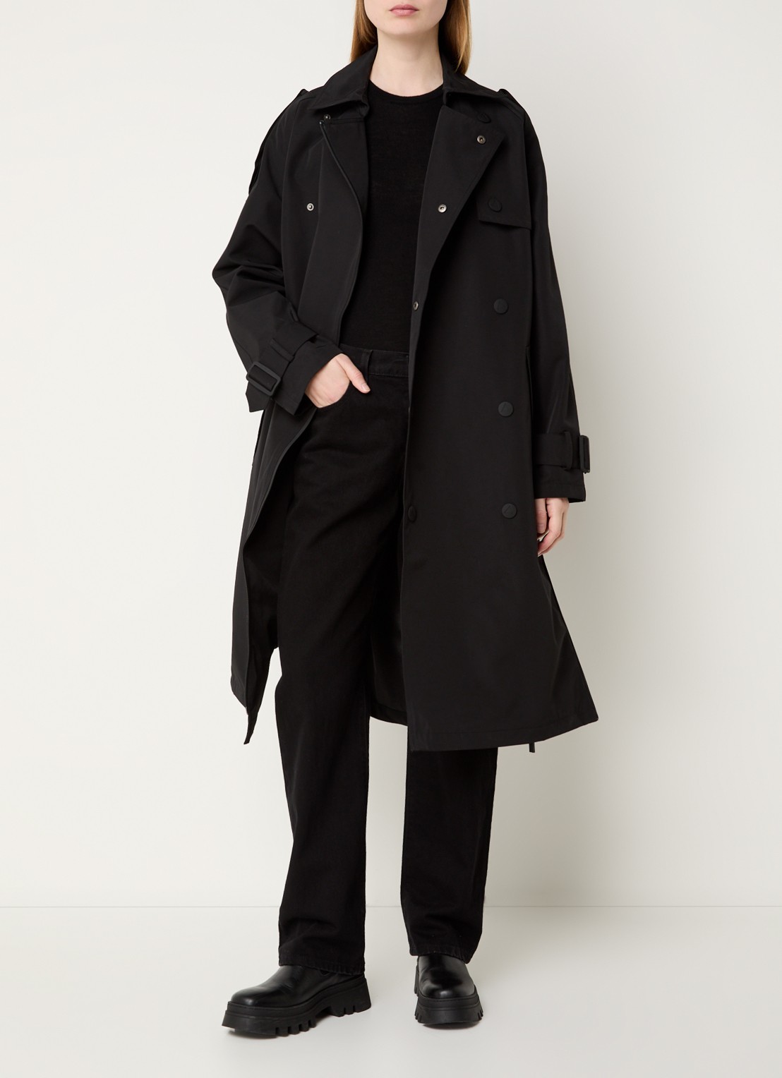 Maium Double-breasted trenchcoat met afneembare capuchon - voorkant 4 zwart