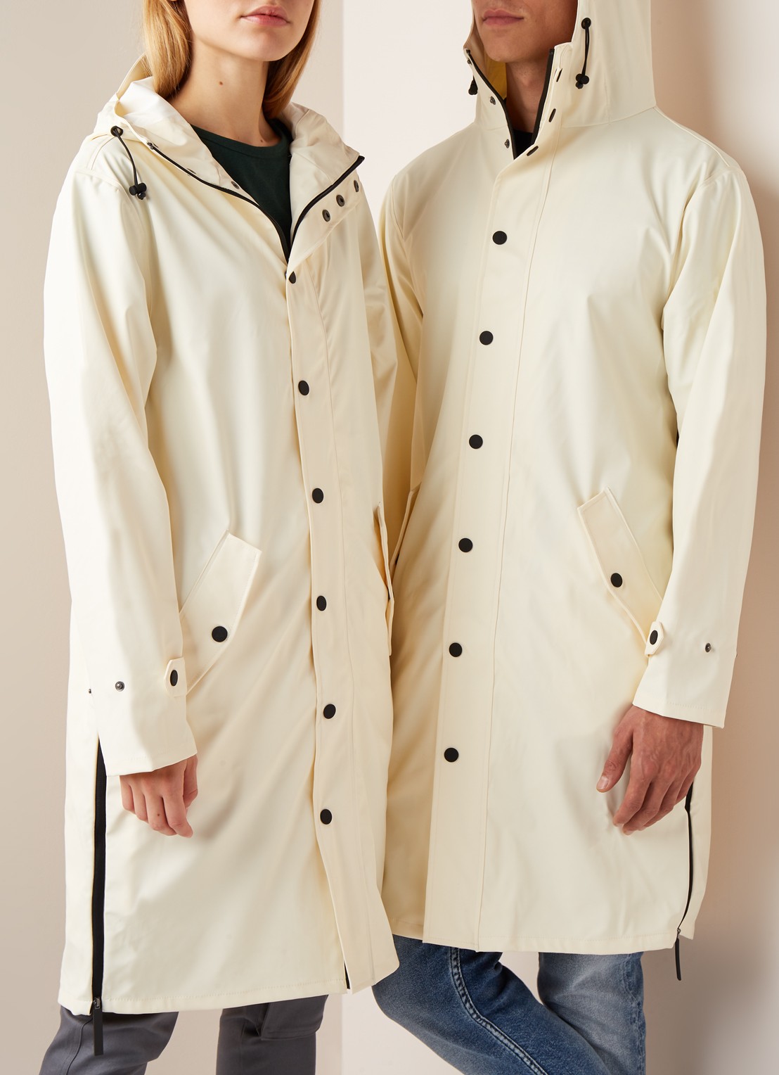 Maium Longline unisex regenjas met capuchon  - detail 4 gebroken wit