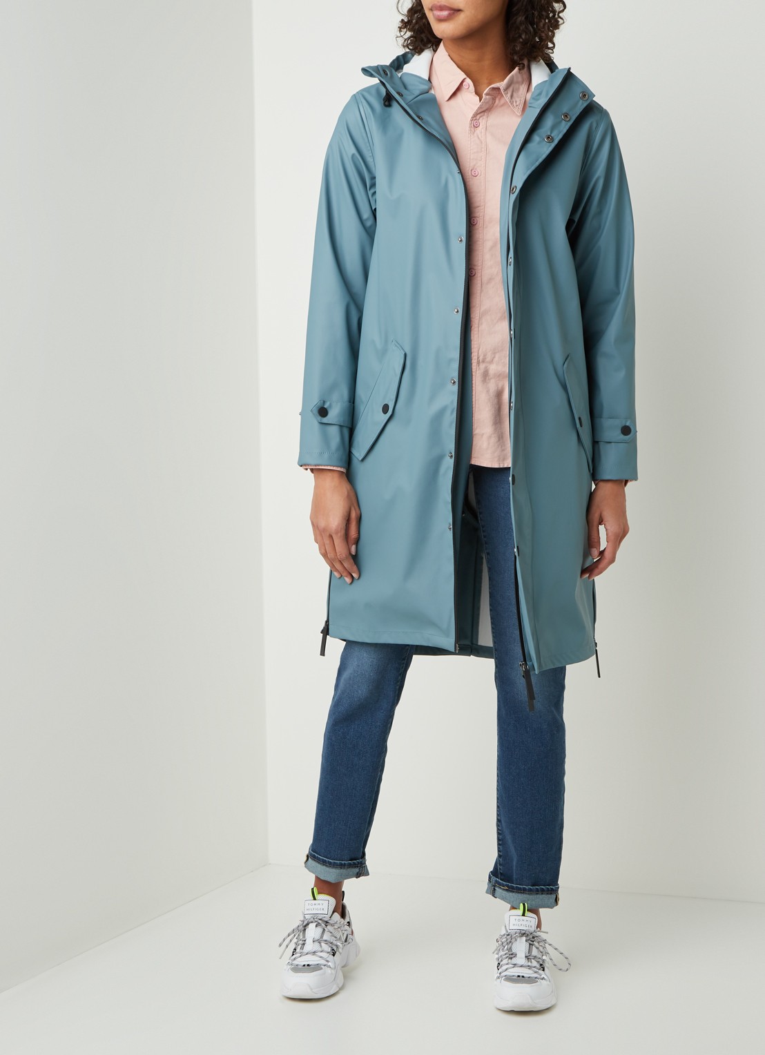 Maium Longline unisex regenjas met capuchon  - voorkant 2 blauwgrijs