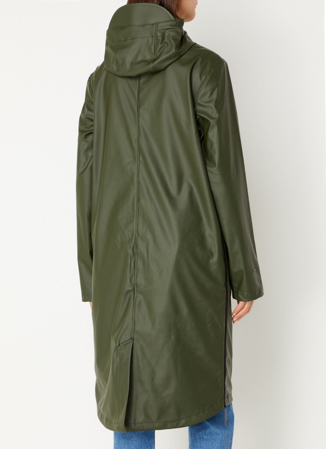 Maium Longline unisex regenjas met capuchon  - achterkant 4 legergroen