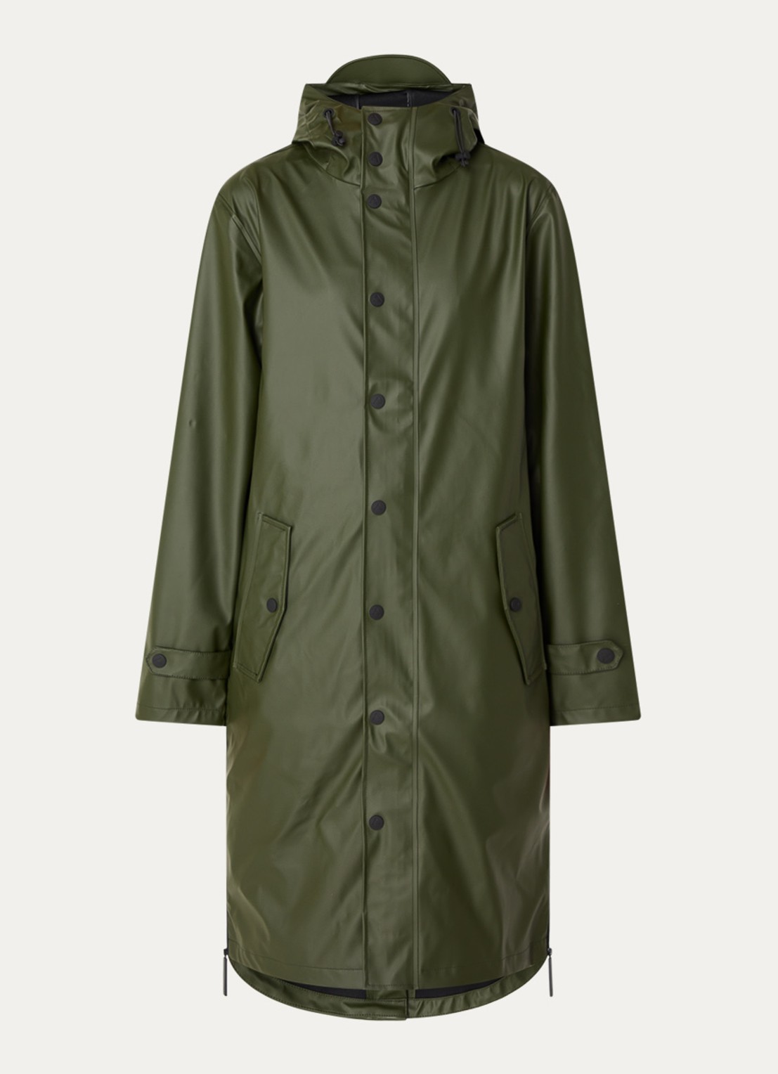 Maium Longline unisex regenjas met capuchon  - voorkant legergroen