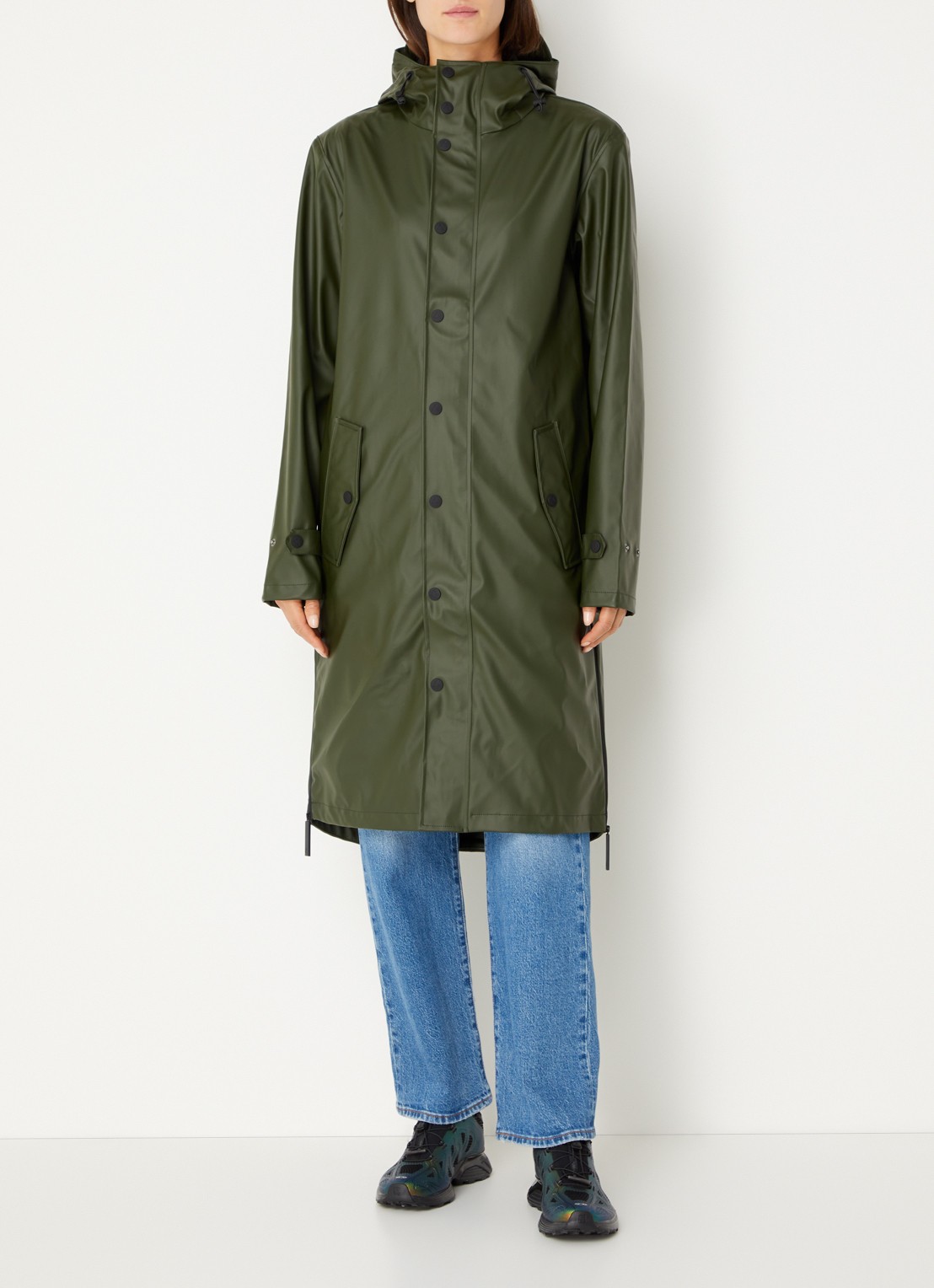 Maium Longline unisex regenjas met capuchon  - voorkant 2 legergroen
