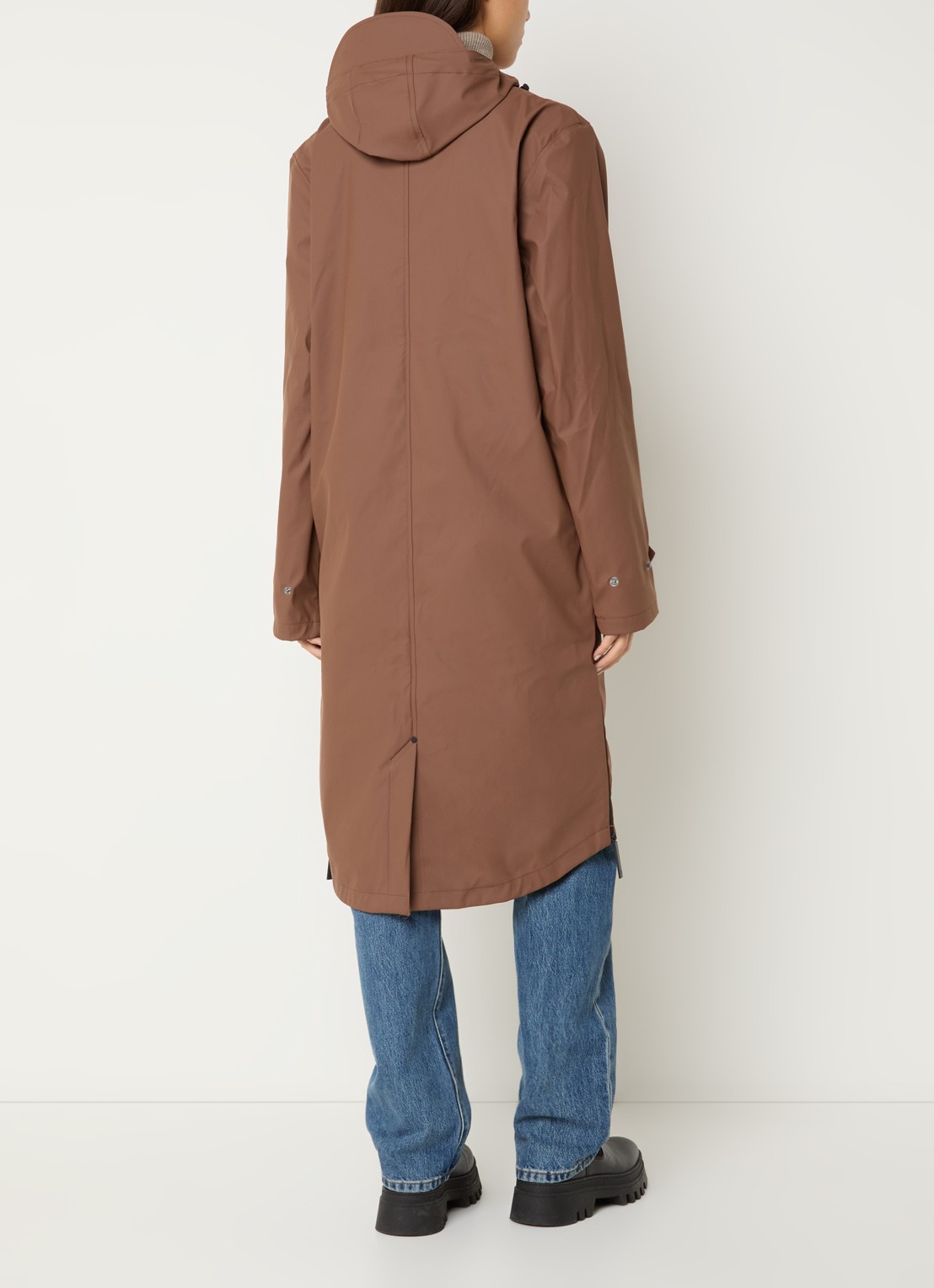Maium Longline unisex regenjas met capuchon  - achterkant 3 hazelnootbruin