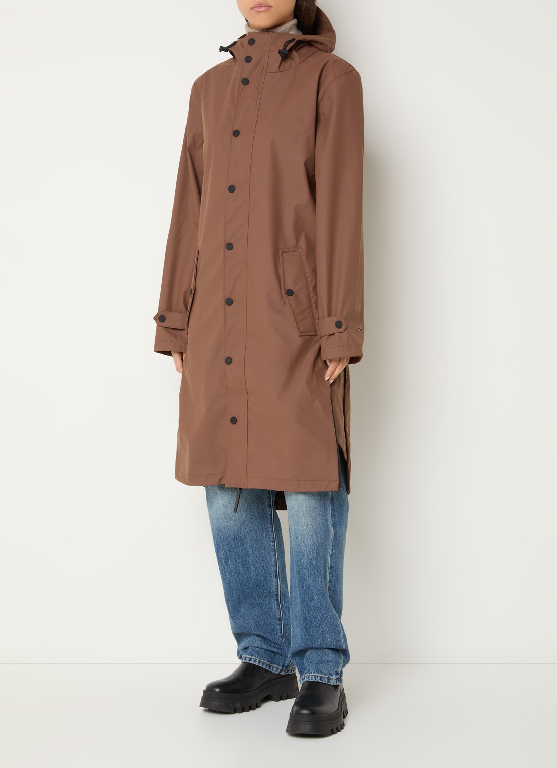 Maium Longline unisex regenjas met capuchon  - detail 4 hazelnootbruin