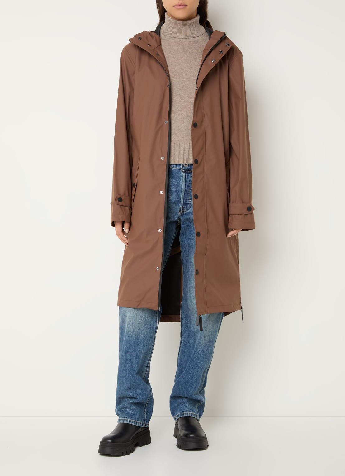 Maium Longline unisex regenjas met capuchon  - voorkant 2 hazelnootbruin