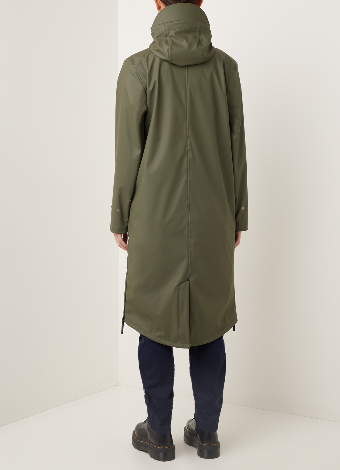 Maium Longline unisex regenjas met capuchon  - achterkant 5 legergroen