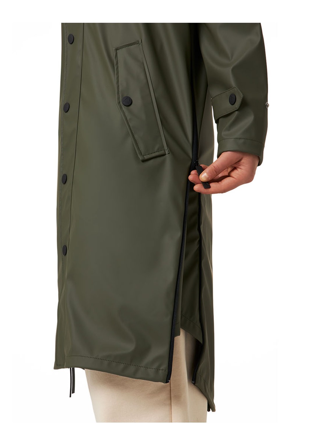 Maium Longline unisex regenjas met capuchon  - detail 10 legergroen
