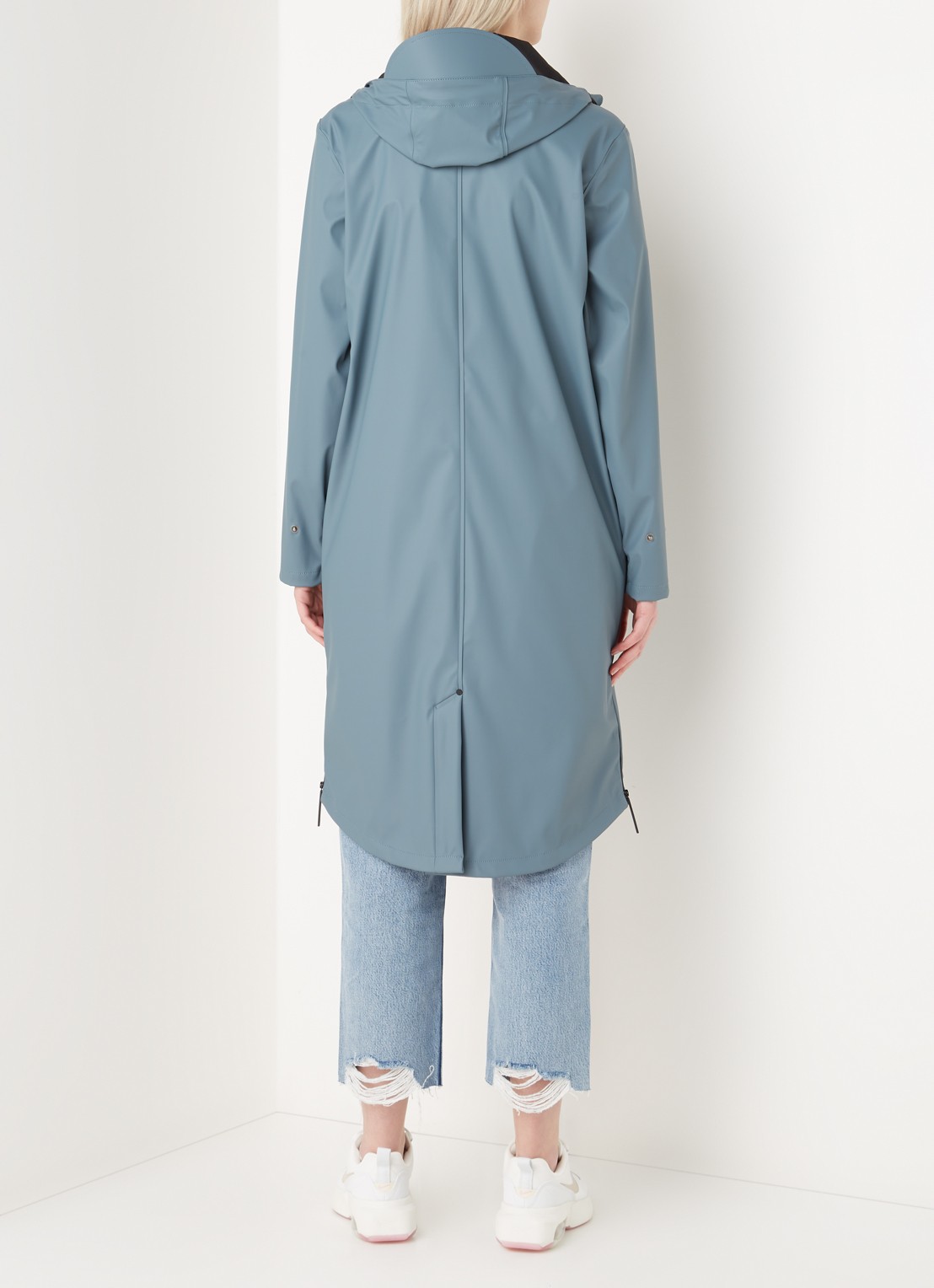 Maium Longline unisex regenjas met capuchon  - achterkant blauwgrijs