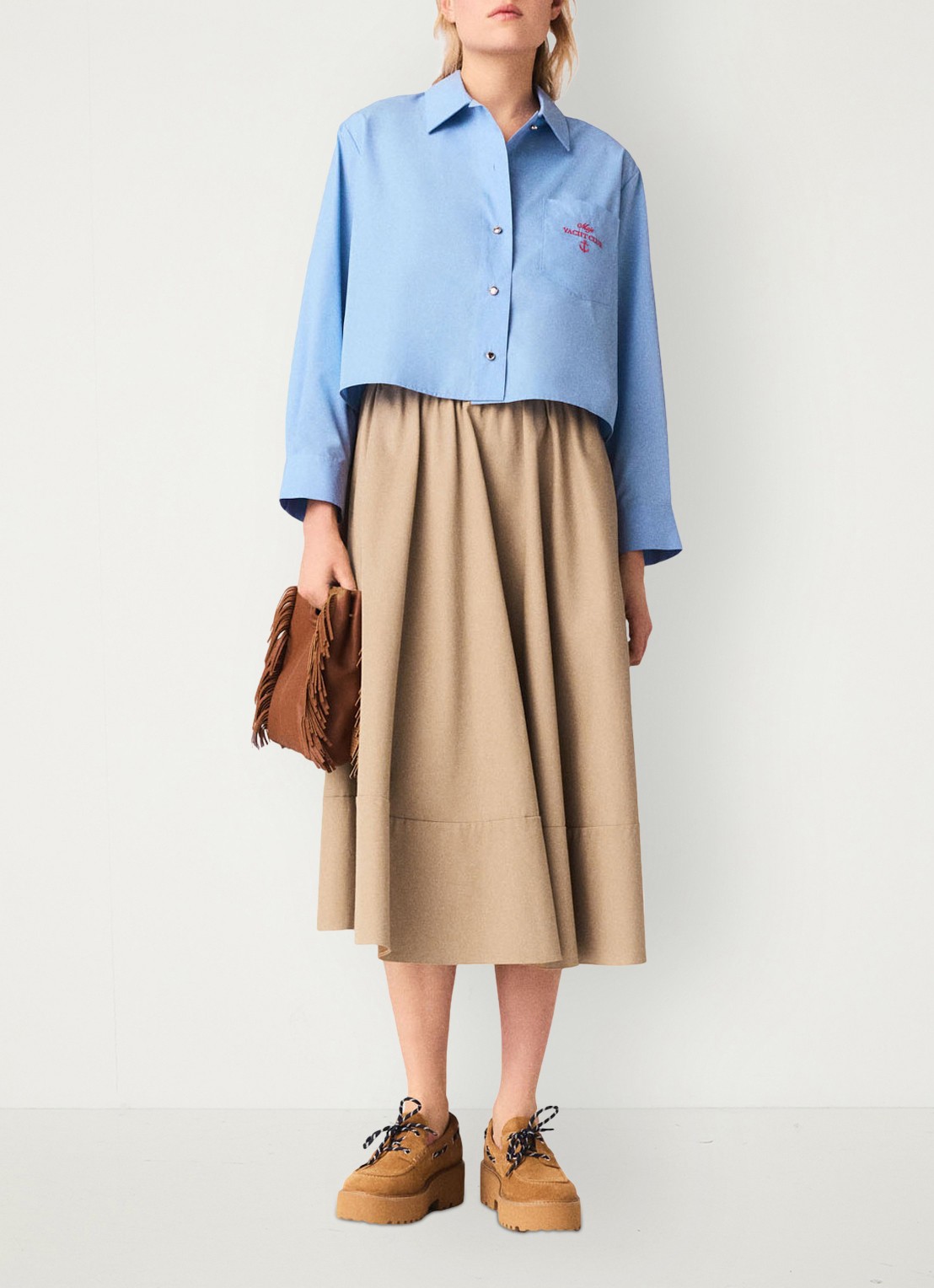 Maje Blouse met plooien en borduring - voorkant 7 lichtblauw