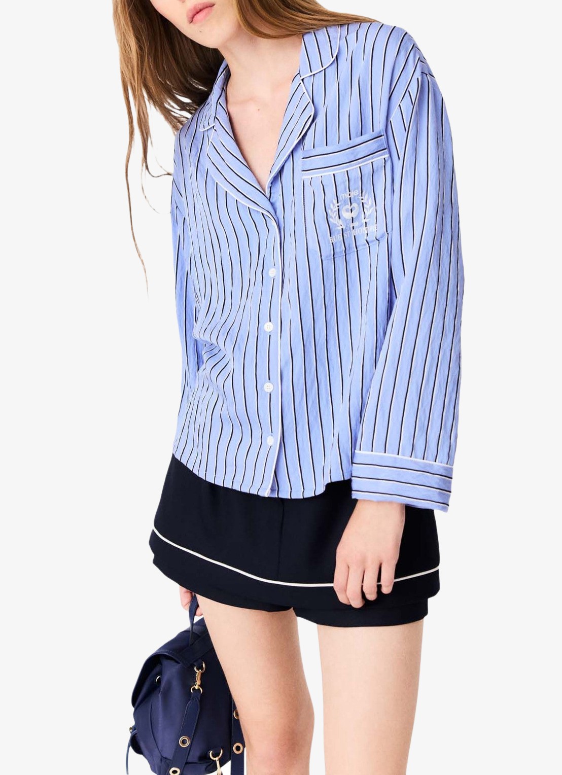 Maje Blouse met streepprint en borstzak - detail blauw