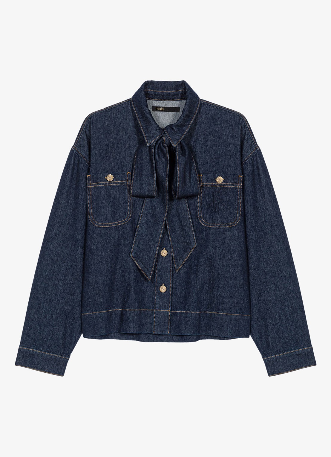 Maje Blouse van denim met sjaalkraag en opgestikte zakken  - voorkant 6 indigo