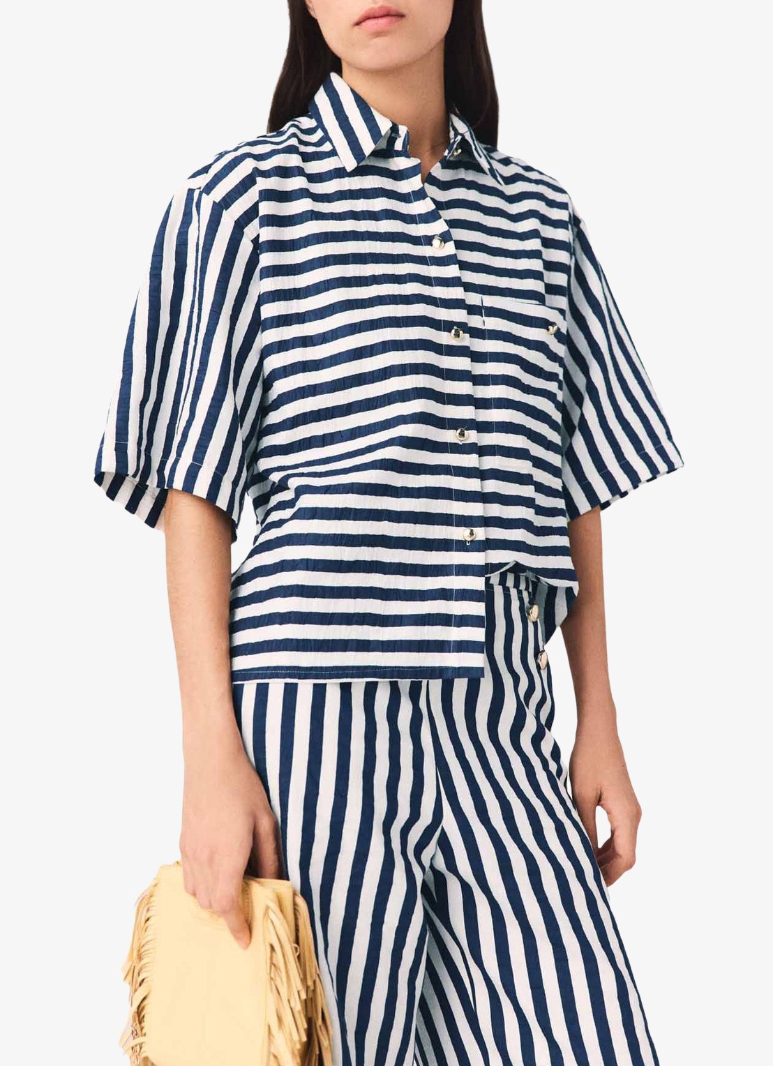 Maje Calais blouse met streepprint - detail 3 donkerblauw