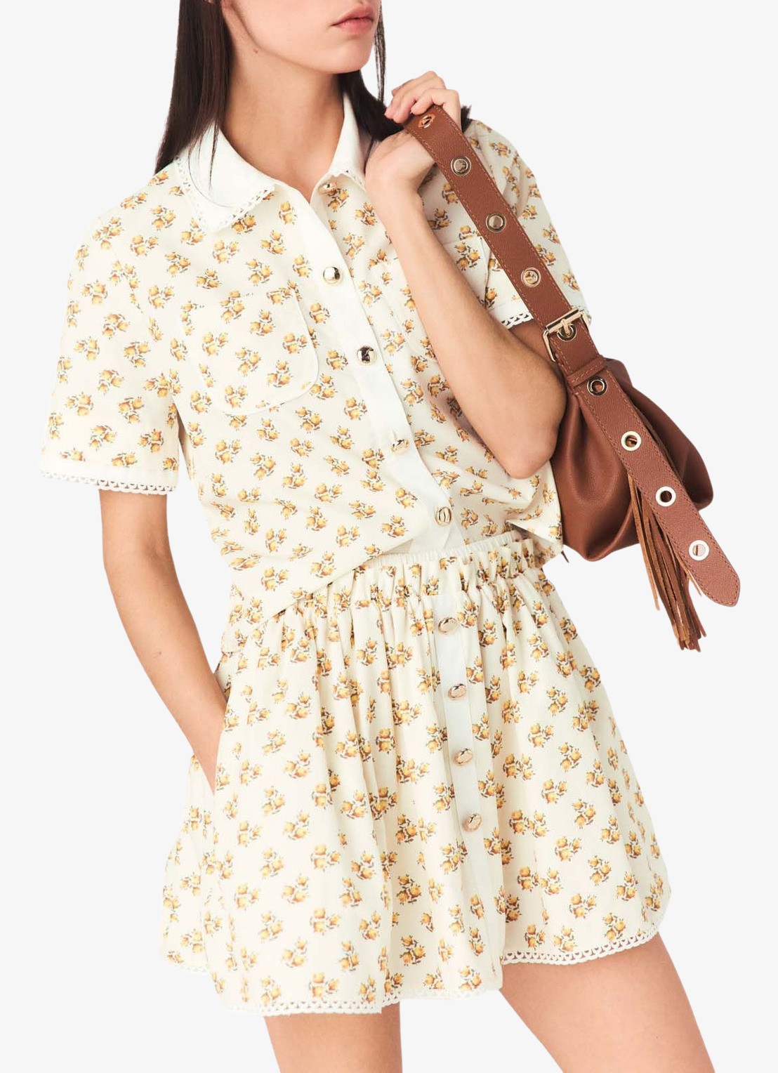 Maje Chazalera blouse met broderie en print - detail geel