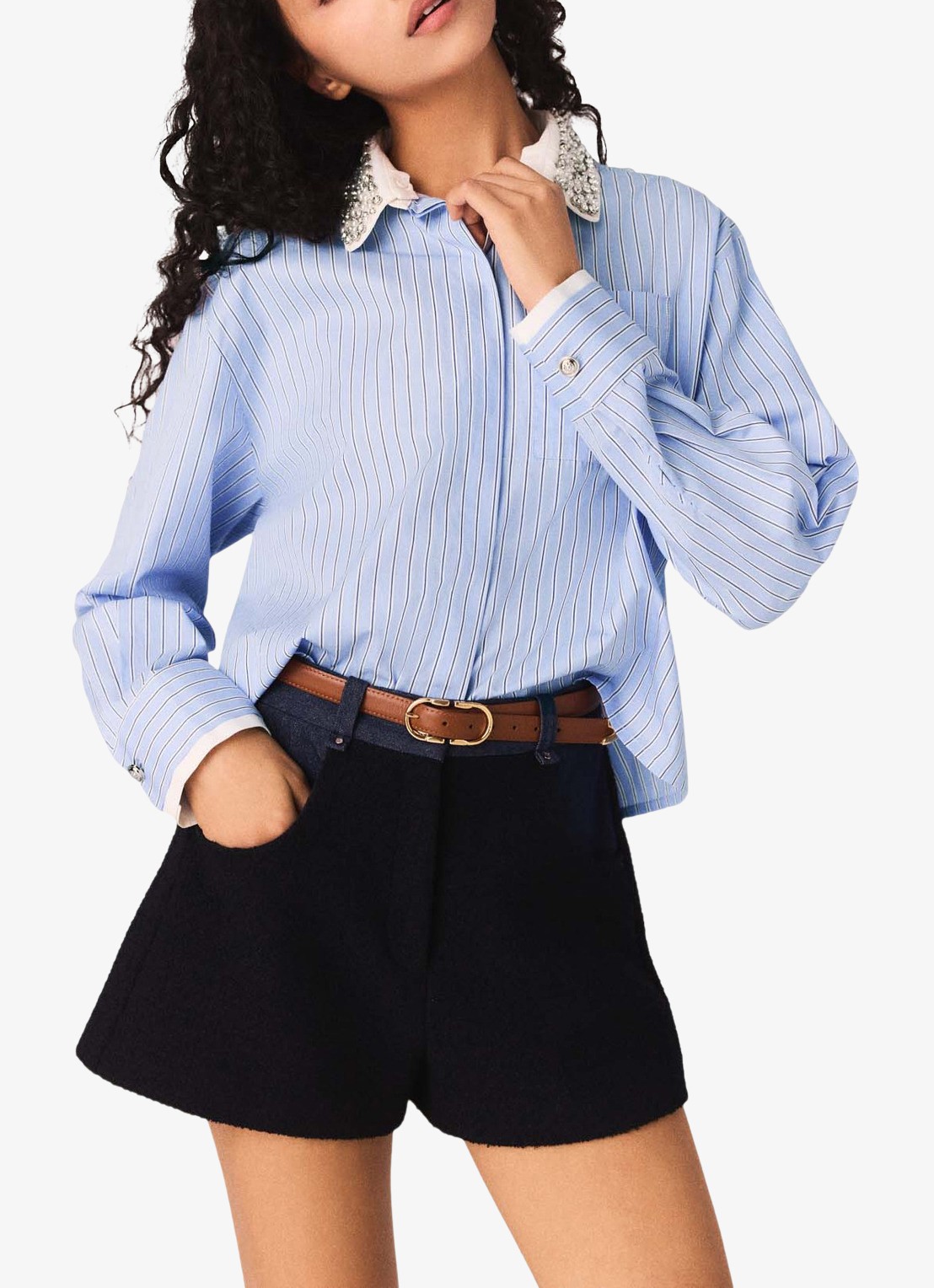 Maje Ciblue blouse met afneembare kraag - detail blauw