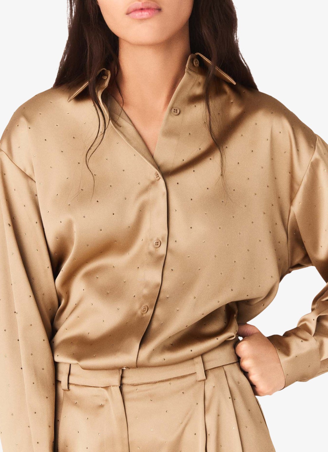 Maje Citerani blouse van satijn met strass - detail 7 bruin