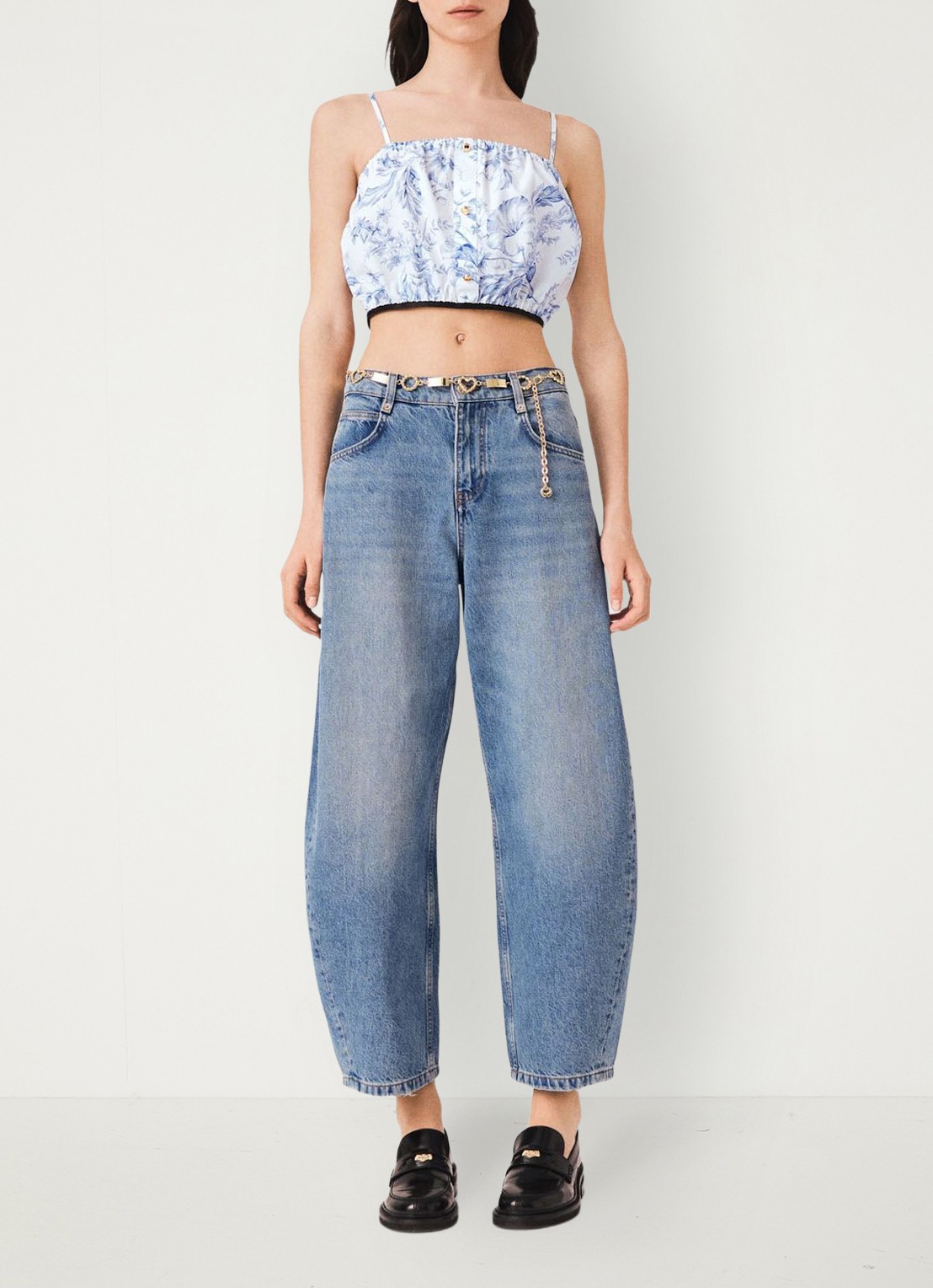 Maje Crop top in lyocellblend met plooien en print - voorkant 3 blauw