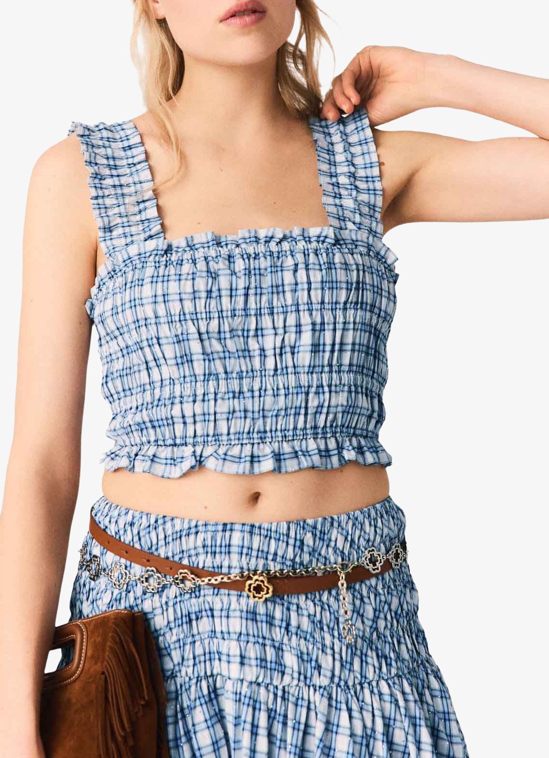 Maje Crop top met smockwerk en strass - detail 2 blauw