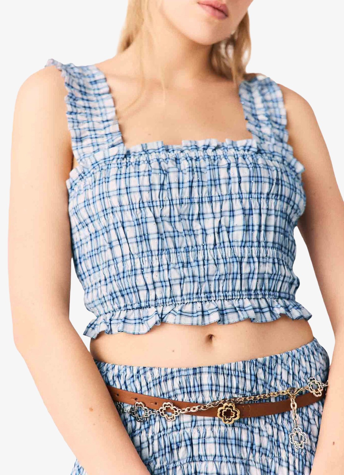 Maje Crop top met smockwerk en strass - detail 4 blauw