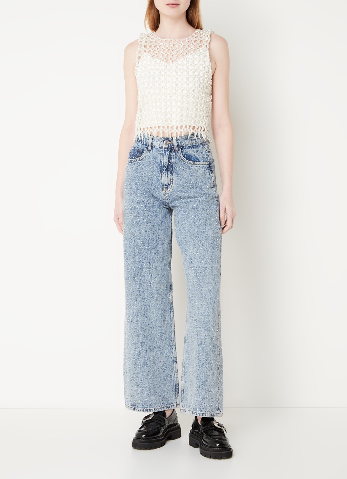 Maje Crop top van imitatieparels - voorkant 3 parelmoer