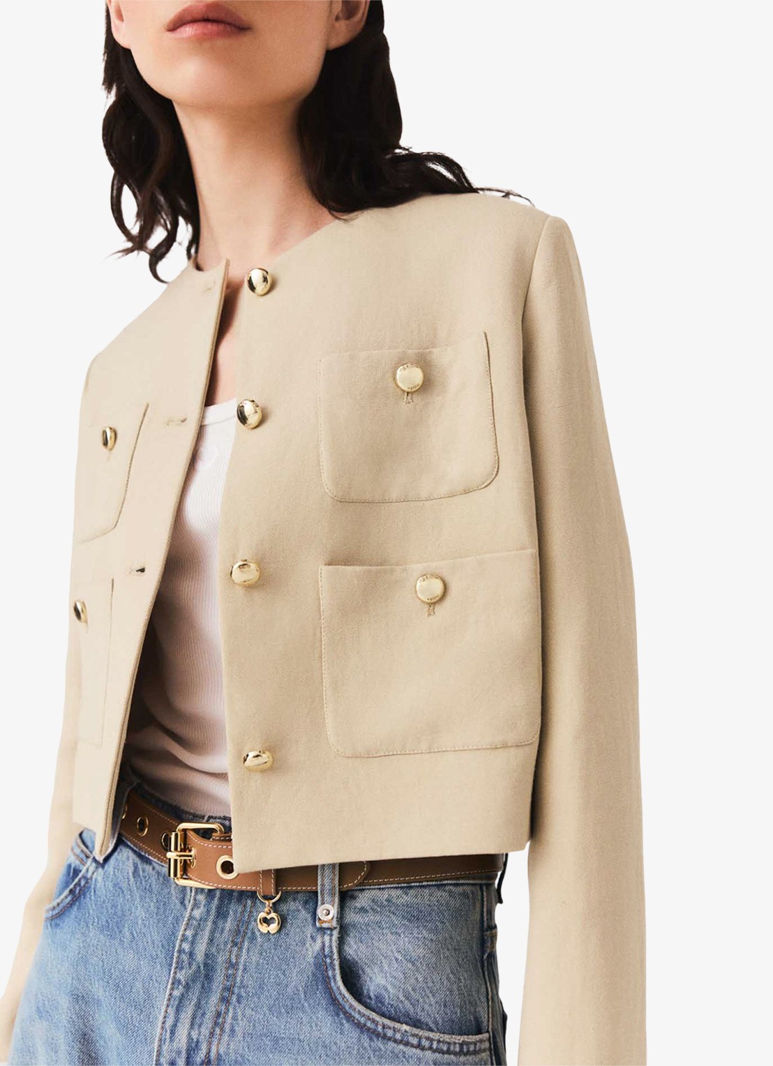 Maje Cropped blazer in linnenblend met opgestikte zakken - detail 4 beige