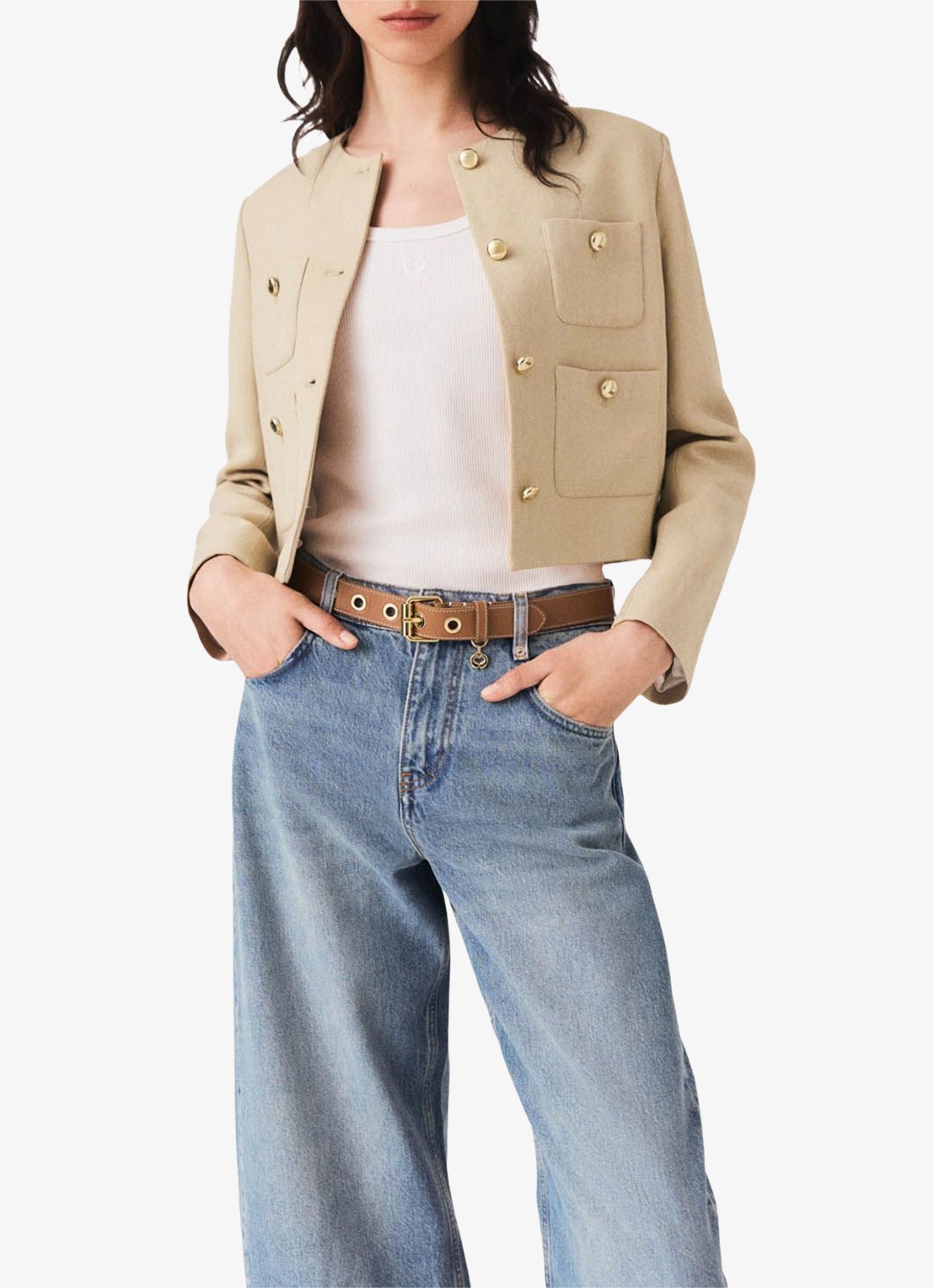 Maje Cropped blazer in linnenblend met opgestikte zakken - detail 6 beige