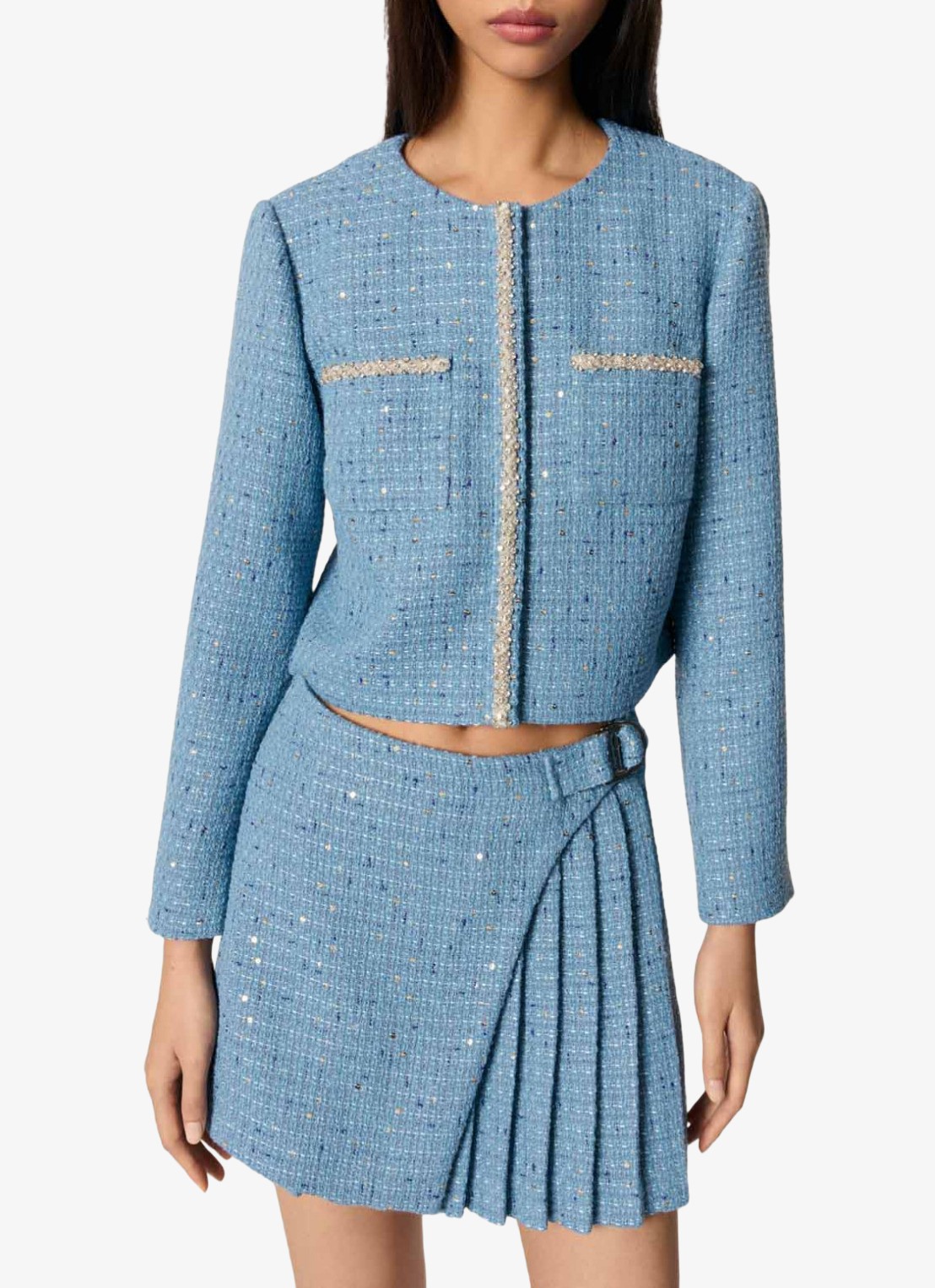 Maje Cropped blazer met tweed-look en pailletten - detail 4 blauw