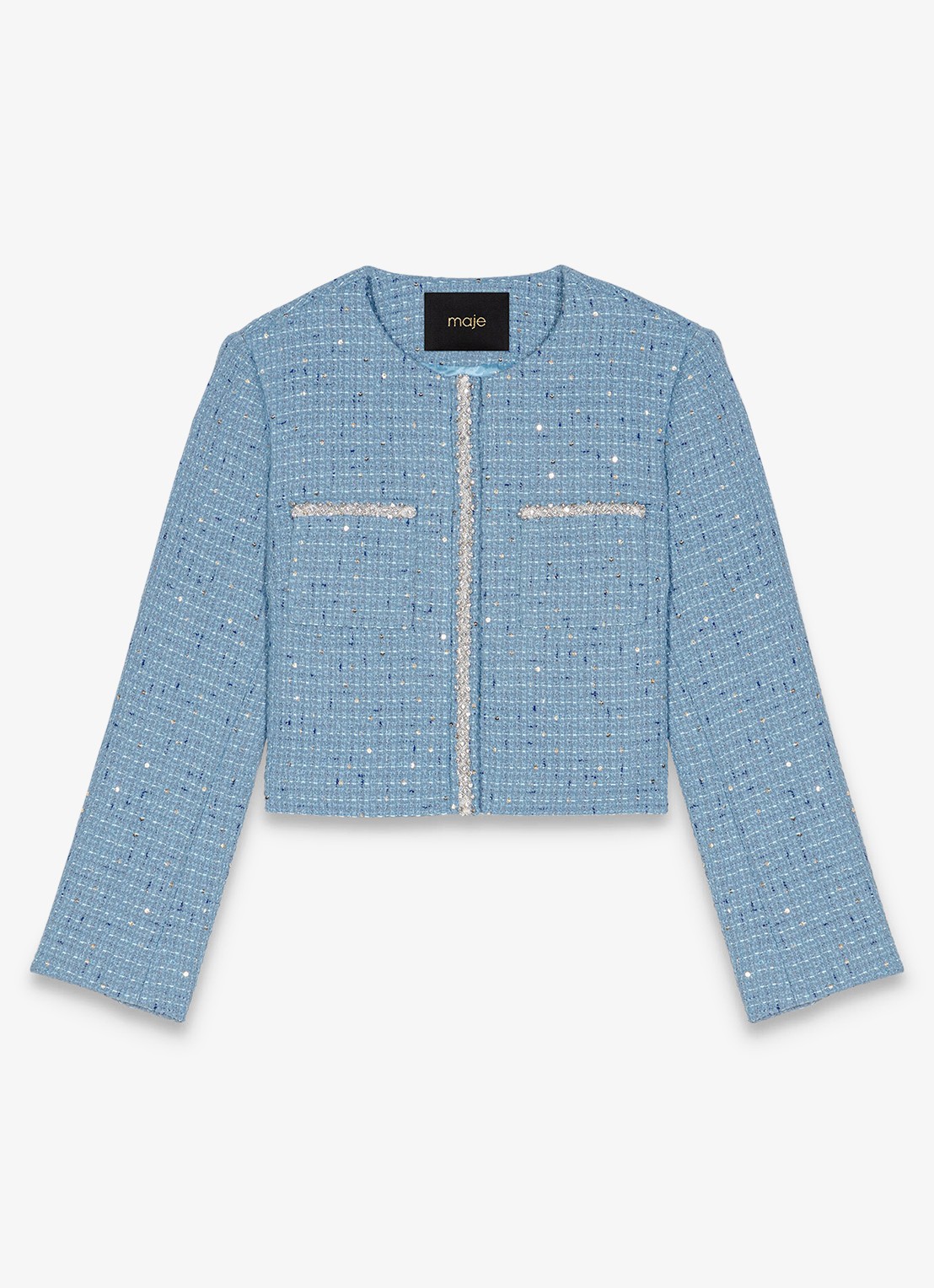 Maje Cropped blazer met tweed-look en pailletten - voorkant blauw