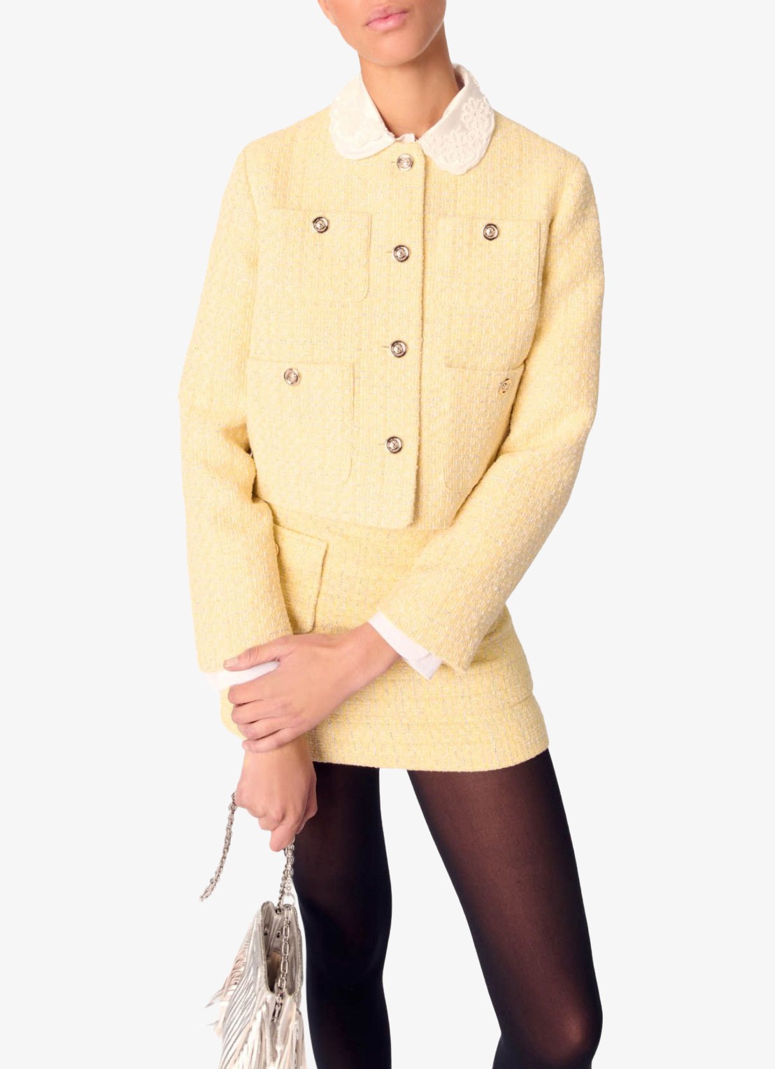 Maje Cropped blazer van bouclé - detail 4 lichtgeel