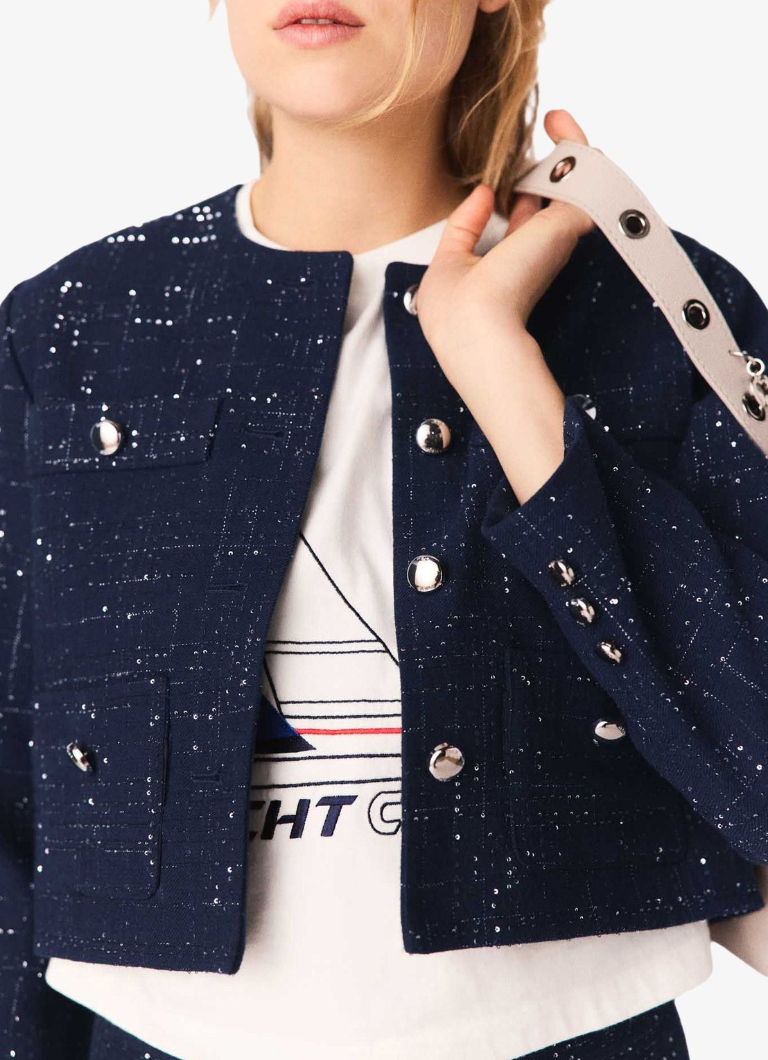 Maje Cropped jack met opgestikte zakken en strass - detail 7 blauw