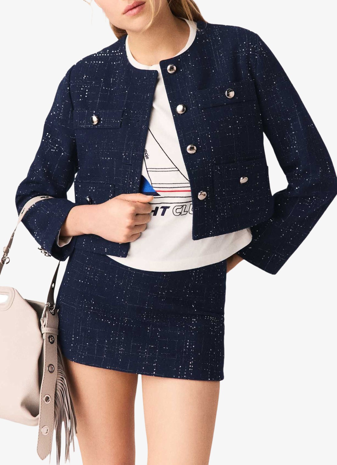 Maje Cropped jack met opgestikte zakken en strass - detail 8 blauw