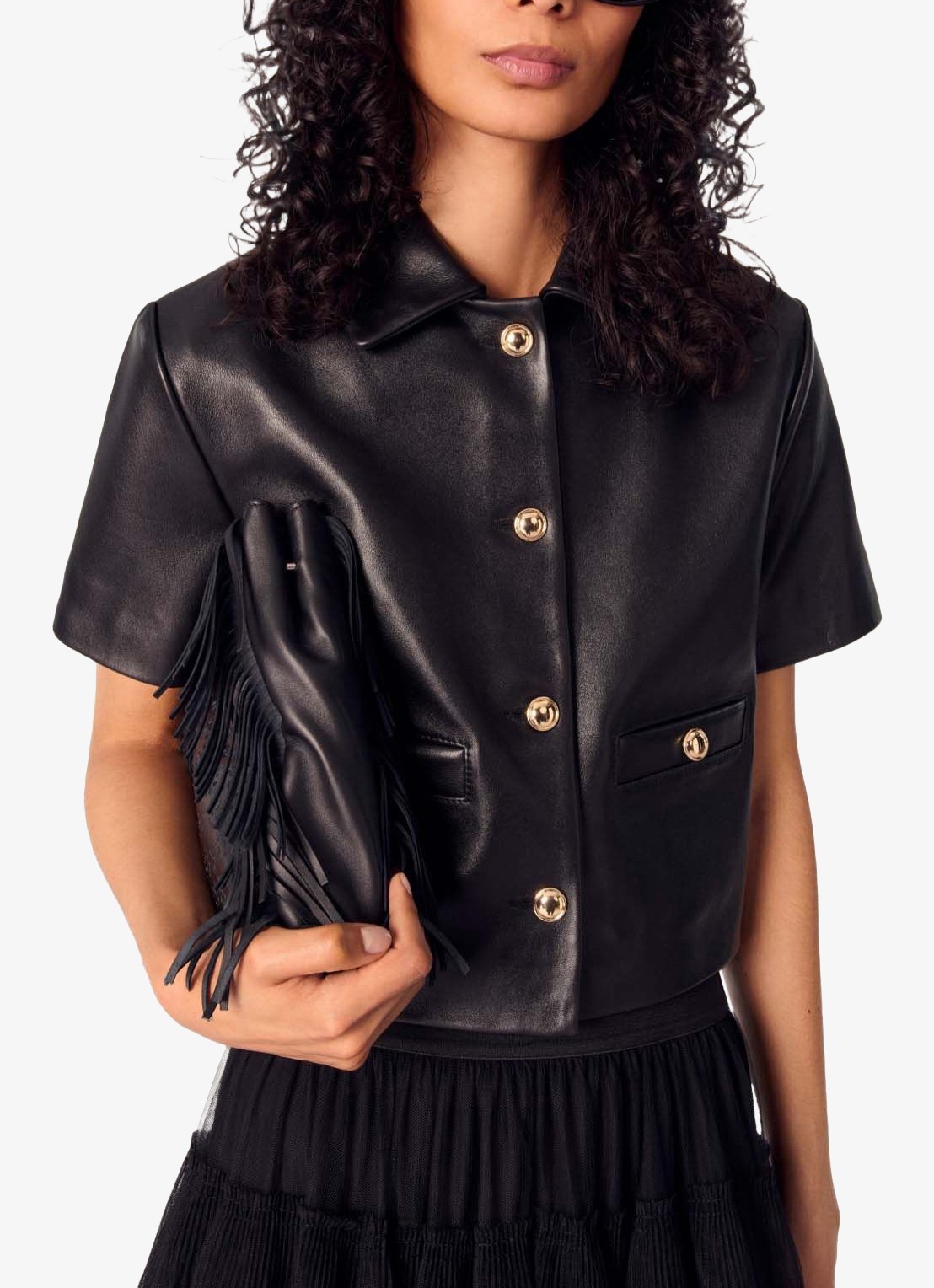 Maje Cropped jack van leer met steekzakken - detail 3 zwart